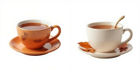 Tea cups with autumn leaves, white background