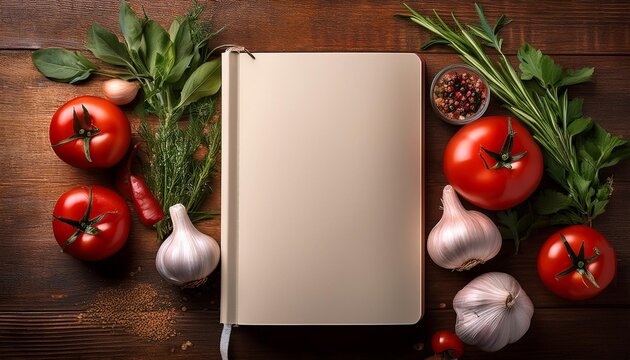Blank notebook surrounded by fresh ingredients, perfect for recipe development or food inspiration