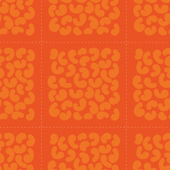 Shapes like macaroni clustered together to form squares in light orange and dashed lines forming a check pattern on bright orange background. A seamless vector pattern. Great for home decor, fabric.