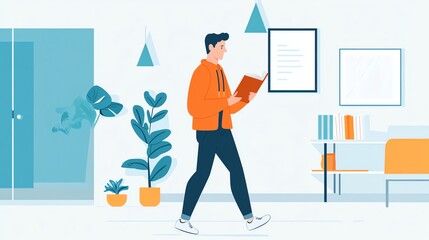 A young man walking while reading a book in a modern and stylish workspace with plants.