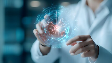 A hand pressing a button on a futuristic touch screen interface, symbolizing technology and innovation in business communication