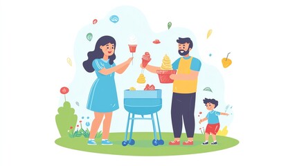 Family enjoying a barbecue outdoors, smiling and sharing delicious food. A joyful summer gathering.