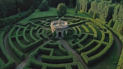 Naklejka premium Serene Garden Maze with Lush Greenery and Pavilion