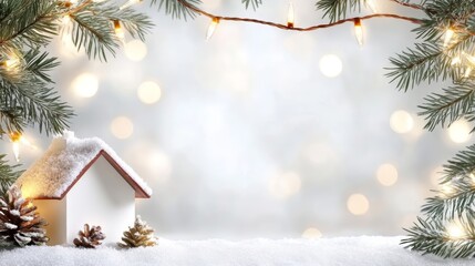 Purple christmas background with cozy house and pine branches, festive winter design for decorations graphics