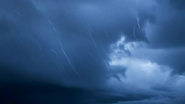 Camera movement and effects: 360-degree video, back light, establishing scene of a thunderstorm with lightning, rain, and dark clouds