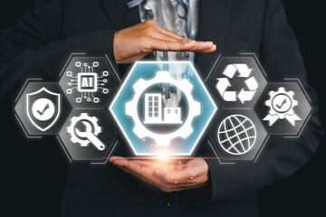 Digital interface showcasing facility management icons for efficient building operations and...