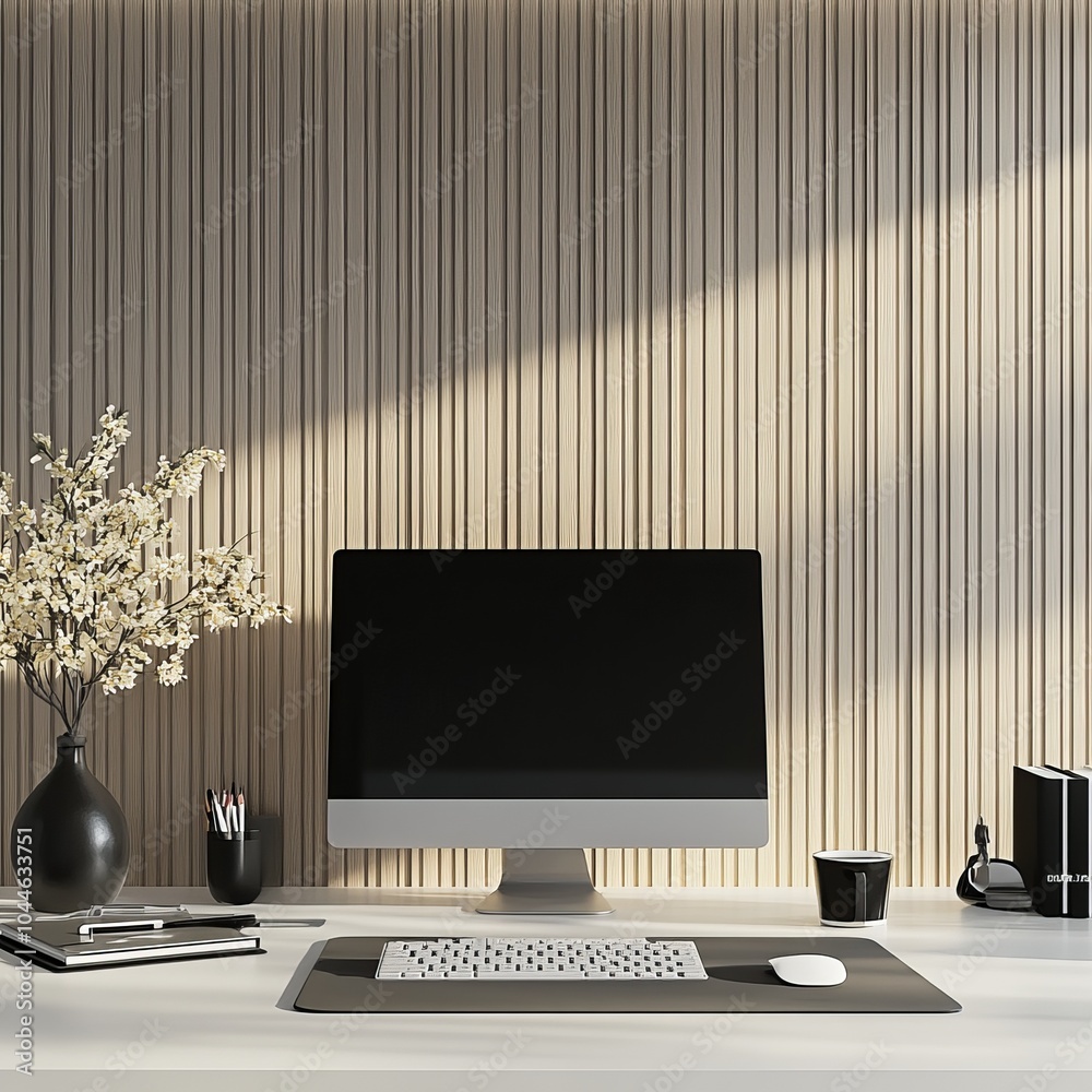 Poster a sleek workspace with a modern computer, notebooks, and a cup of coffee. the wall behind it is ligh