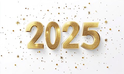 Happy new year 2025 with luxury golden thin numerals on white background.