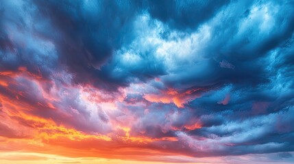 Fototapeta premium A stunning sunset sky filled with vibrant orange and blue clouds, creating a dramatic and peaceful atmosphere.