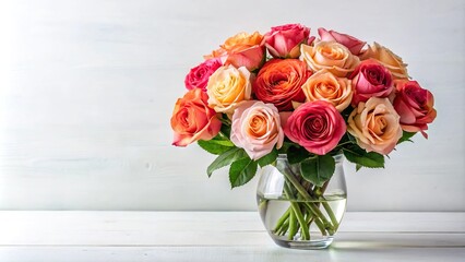 Symmetrical arrangement of roses in a vase on white background