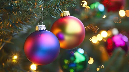 Fototapeta premium Colorful Christmas Ornaments on Festive Tree Branch