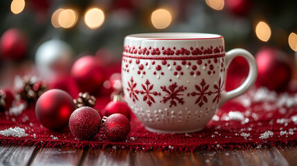 Fototapeta premium Cozy Christmas hot drink in a festive teacup, steam rising from a warm beverage, placed on a snowy surface 