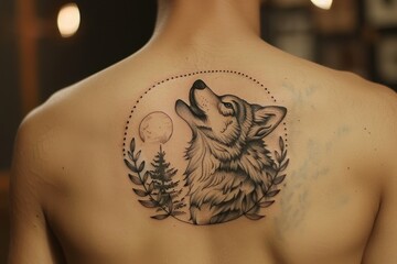 A detailed tattoo of a wolf howling at the moon on the upper back