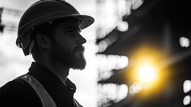 A diligent worker stands silhouetted against a construction site, watching the sun set. The contrast of light and shadow highlights the commitment to his work as day transitions to night.
