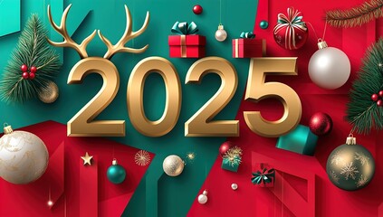 Happy new year 2025 with luxury golden thin numerals on white background.