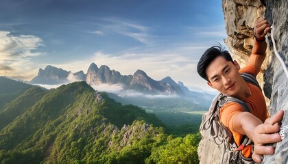 The image shows a person standing on a rock at the top of a mountain, surrounded by nature and a wide-open sky, capturing the essence of adventure and the beauty of the outdoors