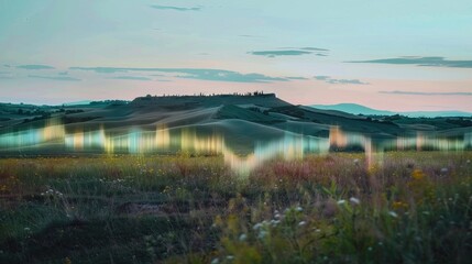 Obraz premium Sound waves radiating across a serene landscape, symbolizing the interconnectedness and harmony of natural and auditory elements.