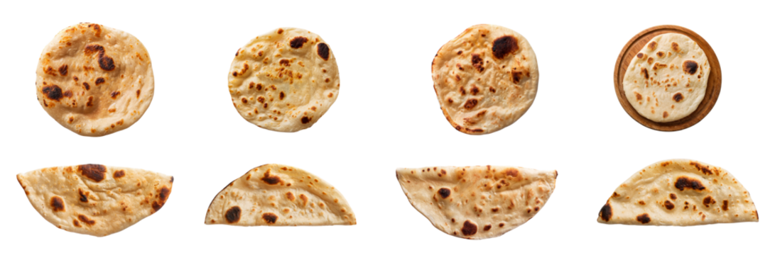 Various shapes of flatbreads on white isolated background.