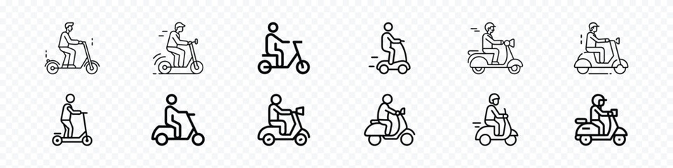 Scooter icon, Electric scooter icons.  Man Riding a Scooter to Work. Scooter Riding Icons, Two wheeled vehicles and riders icon set.  © marufpro555777