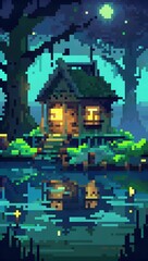 Mysterious cabin by swamp at night with full moon pixel art background. 8-bit game assets