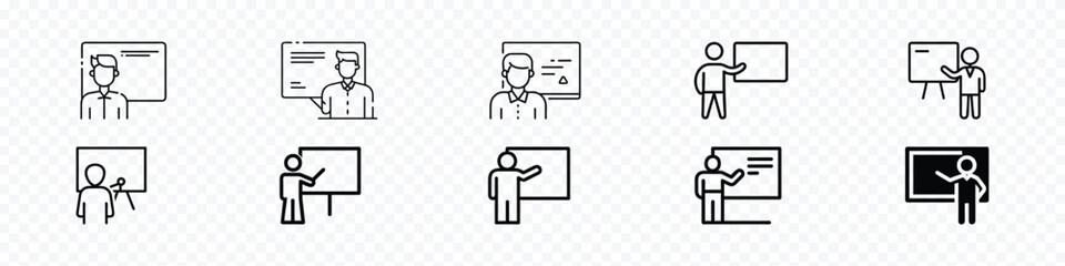 man at the blackboard. linear icon, Professor in front of a blackboard icon, teacher icons, Presentation board icon set. Teaching icon. Training. Education. 
