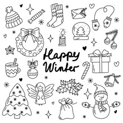 Obraz premium Winter elements hand drawn. A set of winter vector illustrations in doodle line art