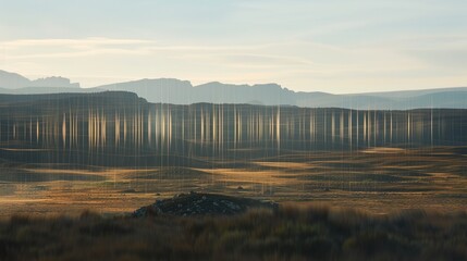 Obraz premium Sound waves radiating across a serene landscape, symbolizing the interconnectedness and harmony of natural and auditory elements.