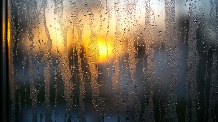 Obraz premium As dawn breaks, the sun shines through a fogged window, creating a soft, golden hue while the water droplets add a serene touch to the atmosphere