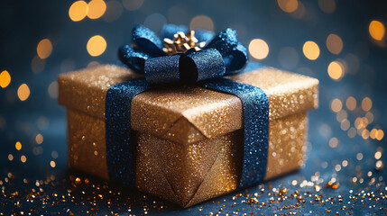 golden gift box with Blue ribbons, sparkling background, festive atmosphere, holiday season, celebration, joy, presents, decorations, copy space for text