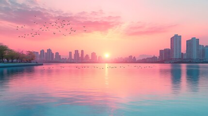 Fototapeta premium Serene Sunrise with Flock of Birds Over Calm Water