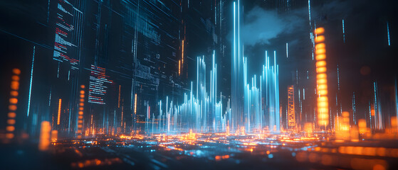 Fototapeta premium Futuristic Business & Stock Investment Visuals: High-Tech, Neon-Lit Financial Concepts with Modern Urban Backdrops