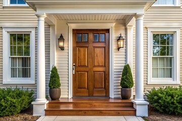 Symmetrical brown wood front door of a white siding southern house