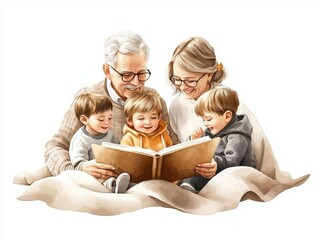 Family enjoying storytime together, warm and joyful atmosphere, white isolate background.