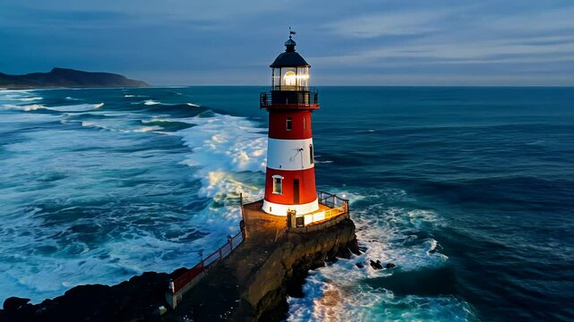 Camera flying around a lighthouse, with practical light, ocean waves, and a guiding presence