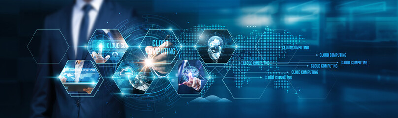 Businessman using tablet analyzing cloud computing solutions for businesses, data storage, security protocols, software applications, resource management trends, cost efficiency measures.