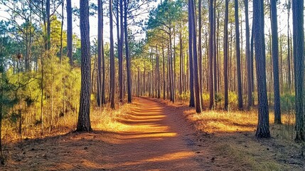 Obraz premium A winding dirt path leads through a sun-dappled pine forest, with tall trees lining the way and sunlight casting long shadows.