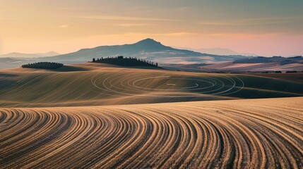 Naklejka premium Sound waves radiating across a serene landscape, symbolizing the interconnectedness and harmony of natural and auditory elements.