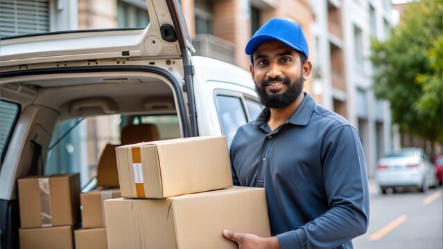 An Indian delivery personnel loading packages into a delivery vehicle in an urban area.
