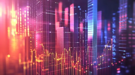 Abstract Cityscape with Neon Lights and Data Lines