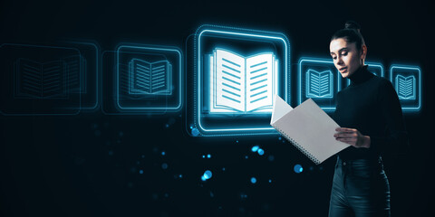 Attractive thoughtful young european woman with creative e-book hologram on dark background. E-library, digital book concept.