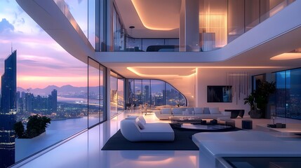 Futuristic Shape Shifting Smart Home with Panoramic City Skyline Views and Sleek Modernist Interiors