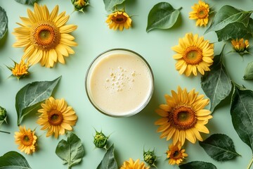 glass of sunflower seeds milk on light green background. alternative, gluten free, dairy food, sustainable, healthy vegetarian concept.