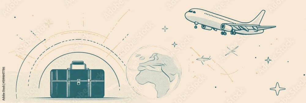 Poster a globe, an airplane soaring through the sky, and a suitcase represent the excitement of internation