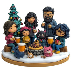 Obraz premium A cozy family gathering in winter, featuring festive decorations and playful animals enjoying warm beverages.