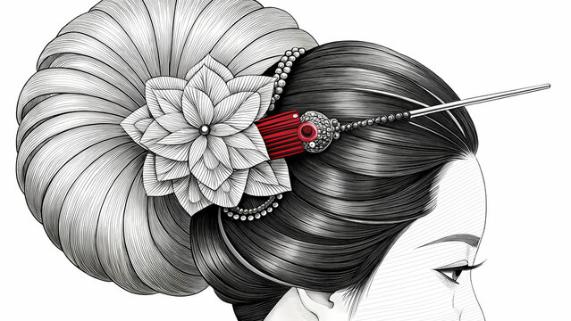 Black and white Japanese hairstyle with intricate kanzashi and red accent