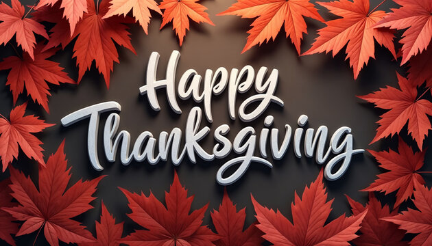 Hand drawn Happy Thanksgiving lettering typography poster with sophisticated vintage script. Grey lettering is uniquely framed by rich red maple leaves on a dark brown background