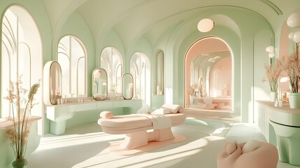 Nostalgic Vintage Inspired Day Spa with Clients Undergoing Radiant De Aging Treatments in Soft Pastel Ambiance