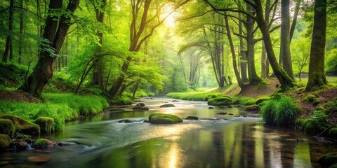 Fototapeta premium Serene creek in lush summer forest after rainstorm, nature, stream, water, trees, peaceful, tranquil, green, foliage, woodland