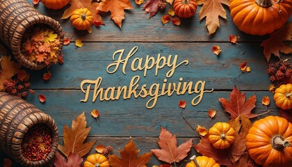 Happy Thanksgiving Day banner design featuring a rustic wooden background with autumn leaves