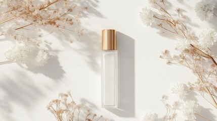 Perfume roller ball mockup with floral accents, elegant perfume packaging with golden cap, marketing for eco-friendly beauty brands